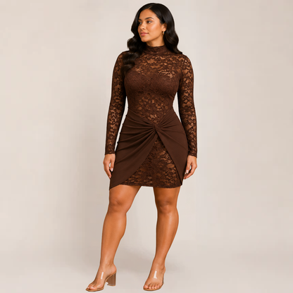 Mira Bodycon Dress | Elegant Lace Long Sleeve, Perfect for Wedding Guests and Cocktail Parties