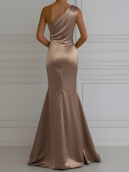 Mira Evening Gown | Champagne Satin, One-Shoulder Design 1
