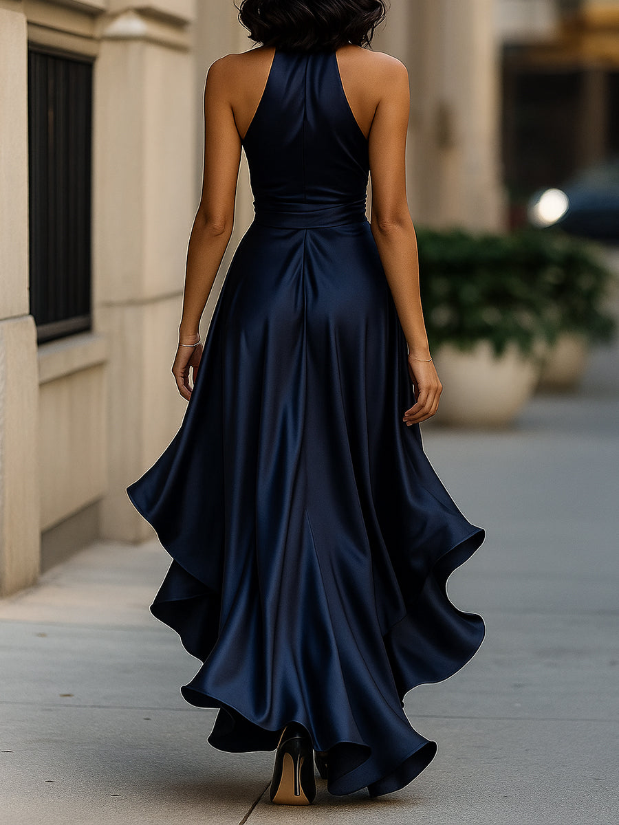 Mira Evening Gown | Deep Navy Satin, Halter Neck, Ruffle Hem 1