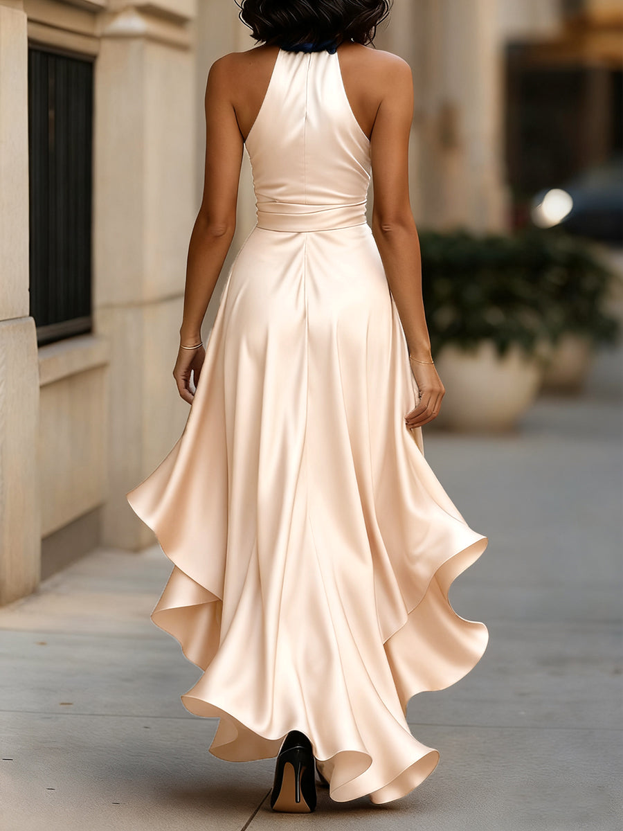 Mira Evening Gown | Deep Navy Satin, Halter Neck, Ruffle Hem 5