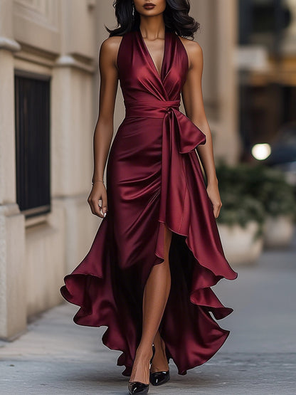 Mira Evening Gown | Deep Navy Satin, Halter Neck, Ruffle Hem 6