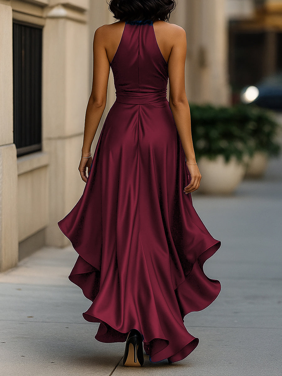 Mira Evening Gown | Deep Navy Satin, Halter Neck, Ruffle Hem 7
