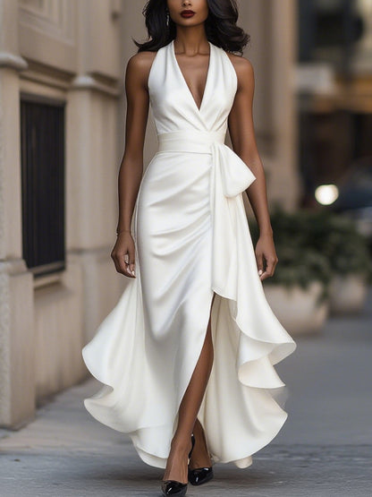Mira Evening Gown | Deep Navy Satin, Halter Neck, Ruffle Hem 8