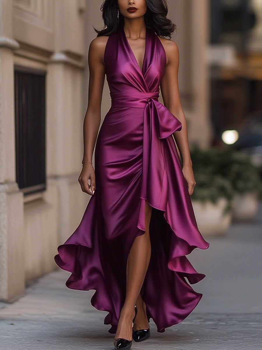 Mira Evening Gown | Deep Navy Satin, Halter Neck, Ruffle Hem 9