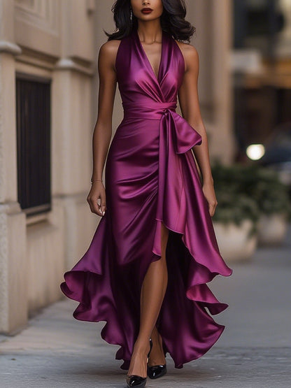 Mira Evening Gown | Deep Navy Satin, Halter Neck, Ruffle Hem 9