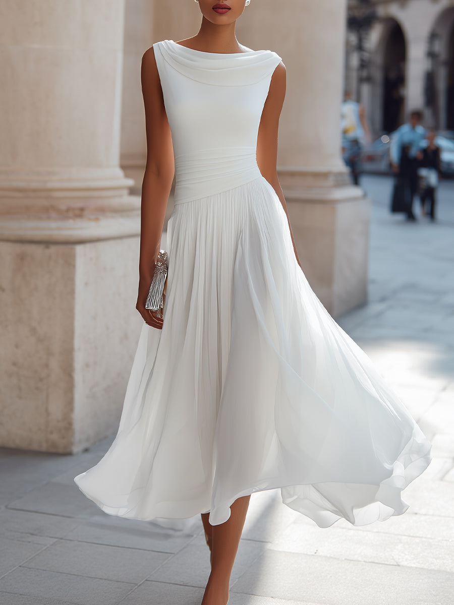 Mira Floral Midi Dress | Draped Neck, Pleated Skirt 0