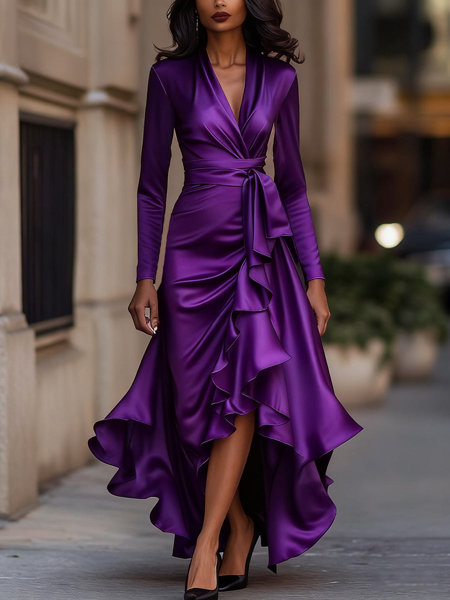Mira Maxi Dress | Satin Long Sleeve with Ruffle Hem 10