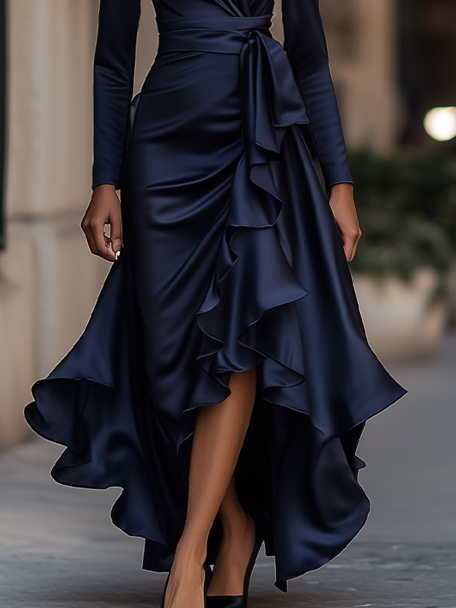 Mira Maxi Dress | Satin Long Sleeve with Ruffle Hem 2