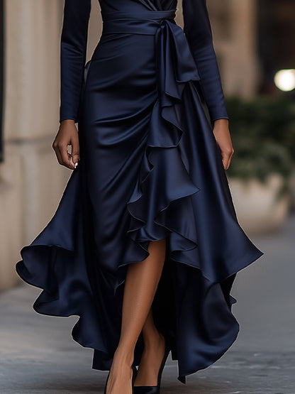 Mira Maxi Dress | Satin Long Sleeve with Ruffle Hem 2