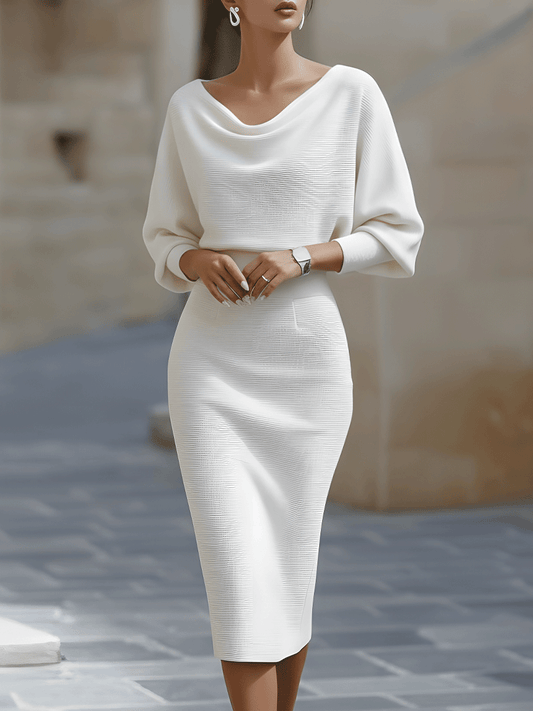 Mira Midi Dress | White Draped Cowl Neck, Batwing Sleeves, Formal Style 0