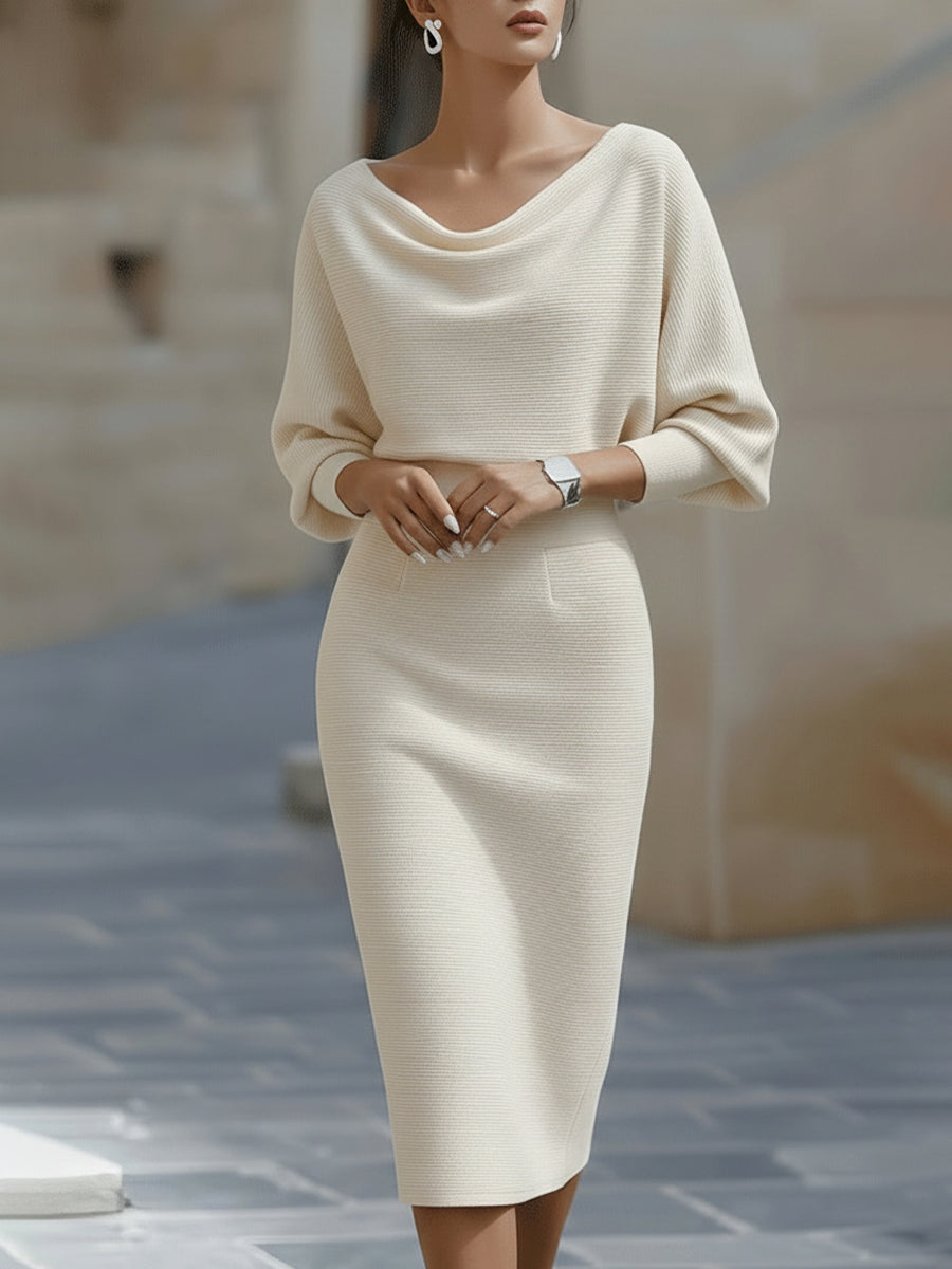 Mira Midi Dress | White Draped Cowl Neck, Batwing Sleeves, Formal Style 1
