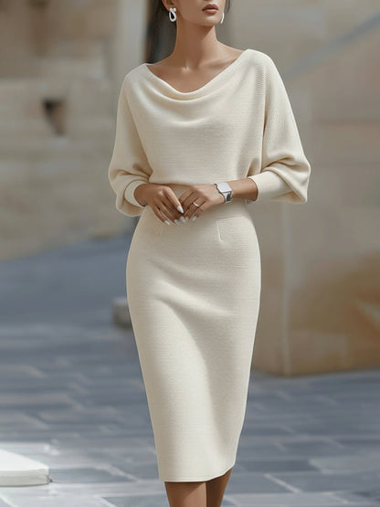 Mira Midi Dress | White Draped Cowl Neck, Batwing Sleeves, Formal Style 1