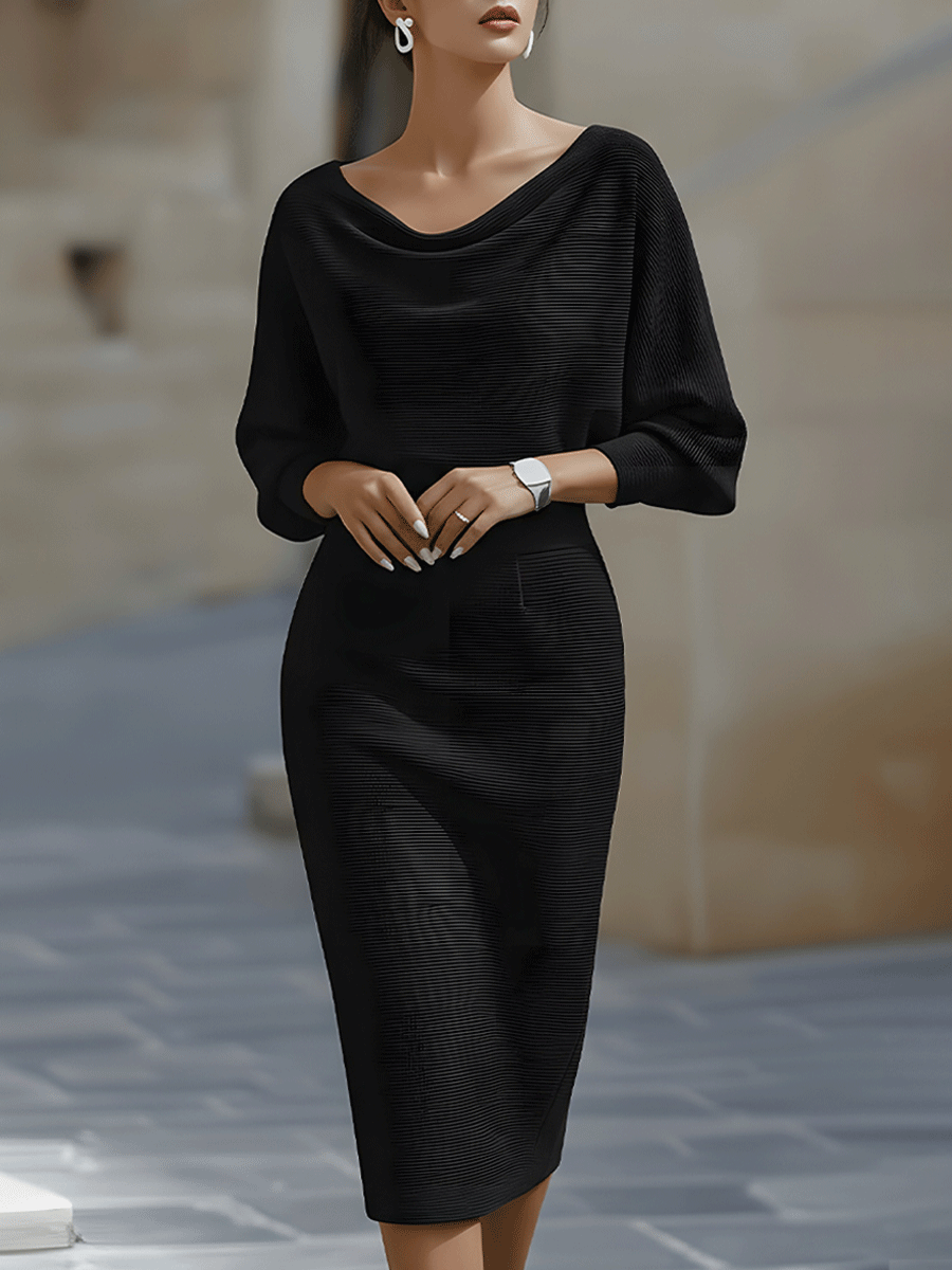 Mira Midi Dress | White Draped Cowl Neck, Batwing Sleeves, Formal Style 2
