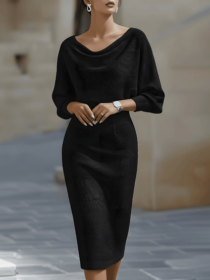 Mira Midi Dress | White Draped Cowl Neck, Batwing Sleeves, Formal Style 2