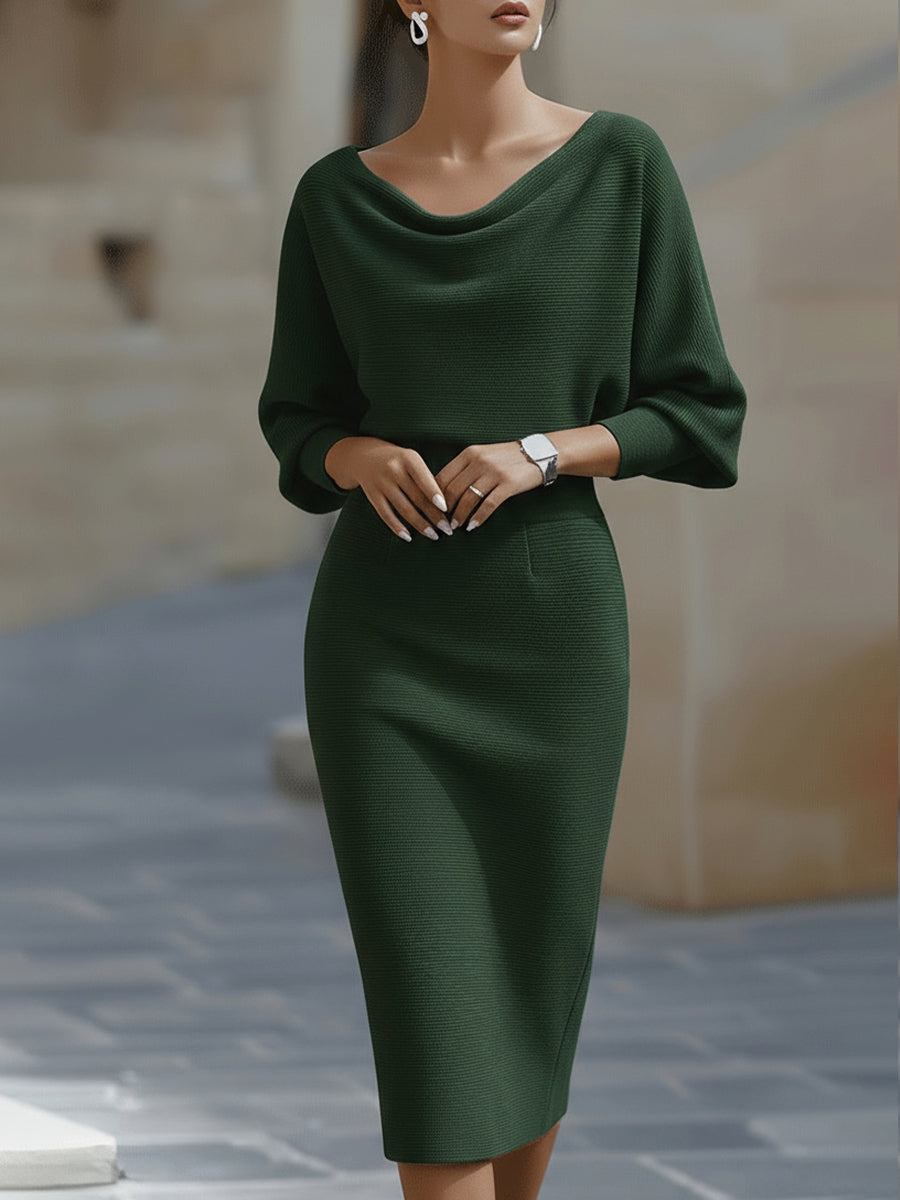 Mira Midi Dress | White Draped Cowl Neck, Batwing Sleeves, Formal Style 3