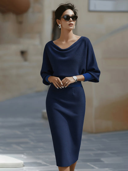 Mira Midi Dress | White Draped Cowl Neck, Batwing Sleeves, Formal Style 5