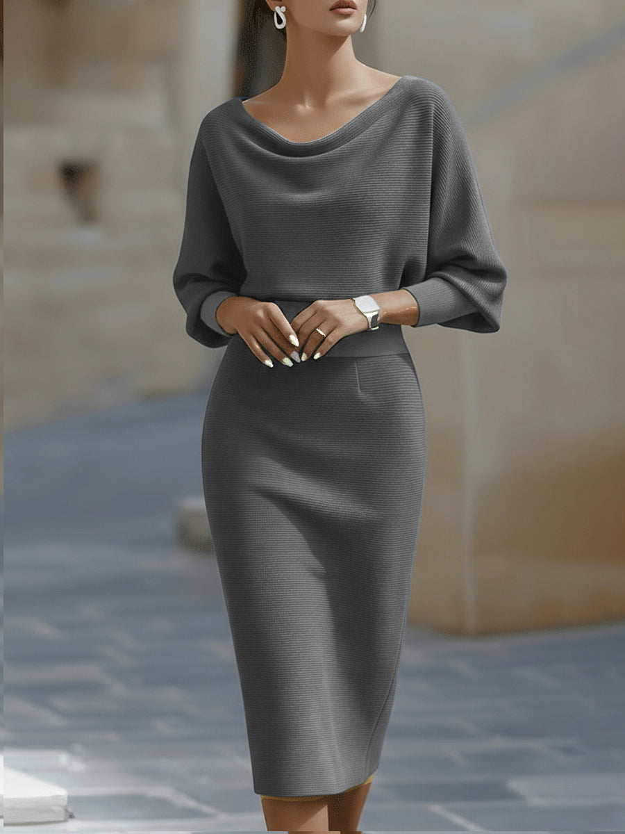 Mira Midi Dress | White Draped Cowl Neck, Batwing Sleeves, Formal Style 7