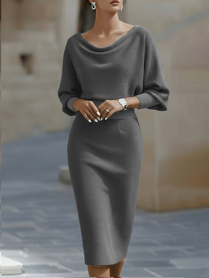 Mira Midi Dress | White Draped Cowl Neck, Batwing Sleeves, Formal Style 7
