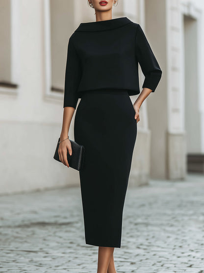 Mira Two Piece Skirt Set | Boat Neck Top with Midi Skirt, Smooth Fabric 0