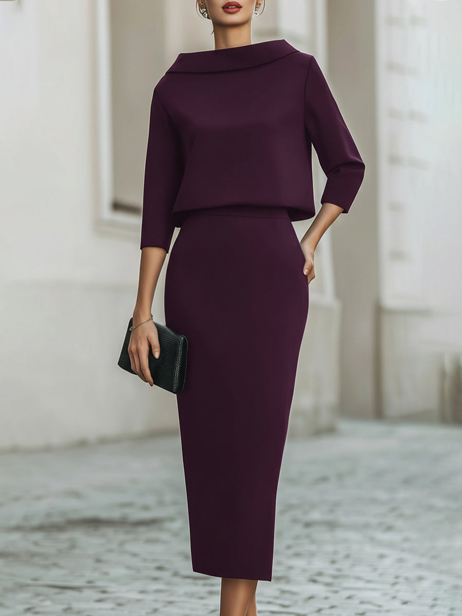 Mira Two Piece Skirt Set | Boat Neck Top with Midi Skirt, Smooth Fabric 5