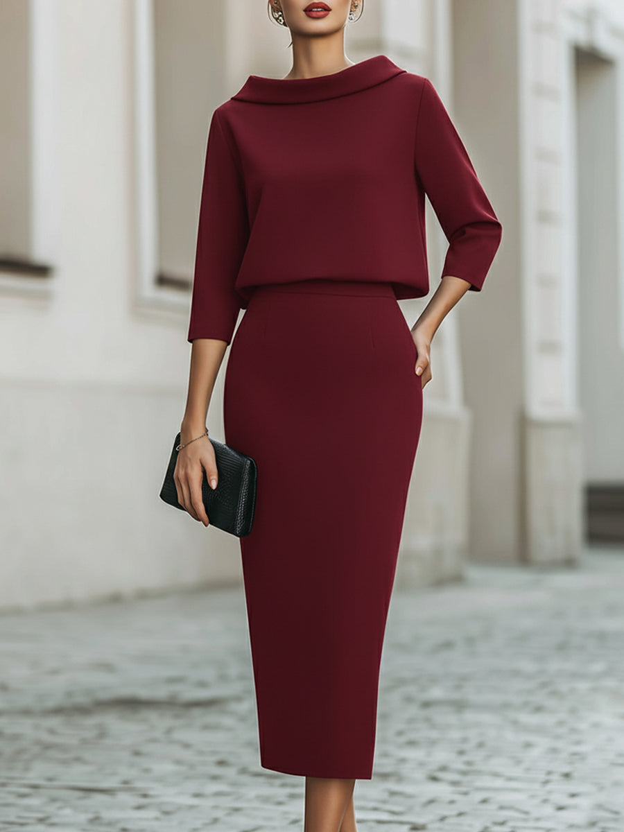 Mira Two Piece Skirt Set | Boat Neck Top with Midi Skirt, Smooth Fabric 7