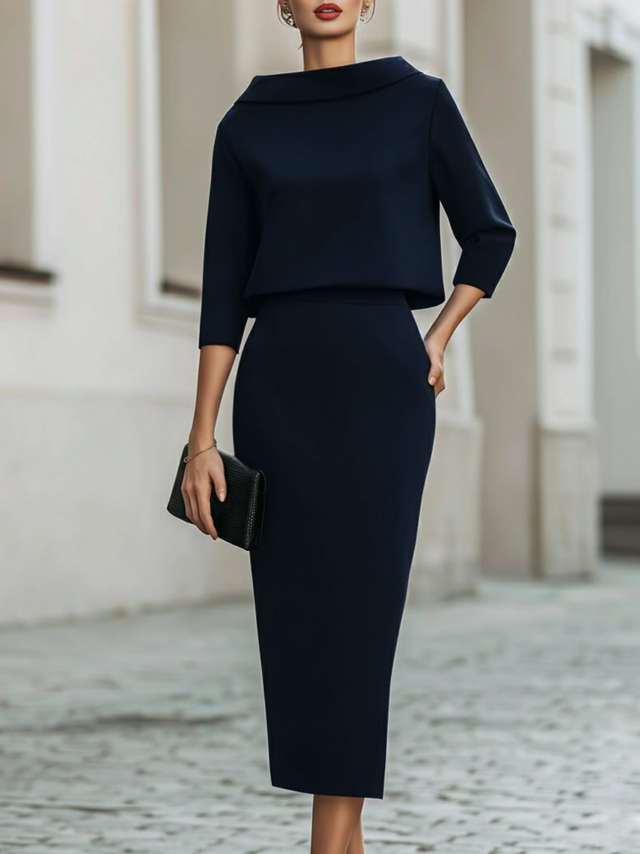 Mira Two Piece Skirt Set | Boat Neck Top with Midi Skirt, Smooth Fabric 8