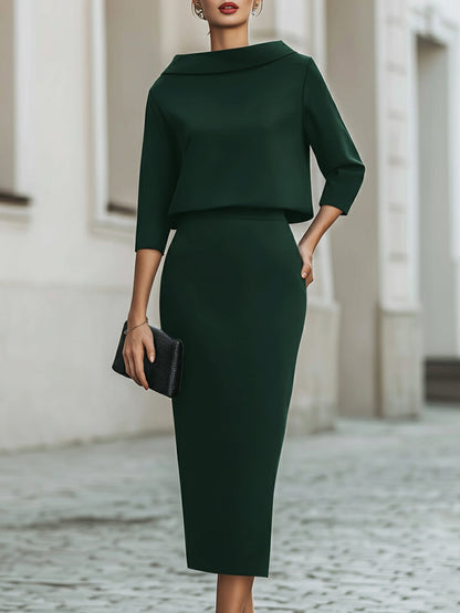 Mira Two Piece Skirt Set | Boat Neck Top with Midi Skirt, Smooth Fabric 9