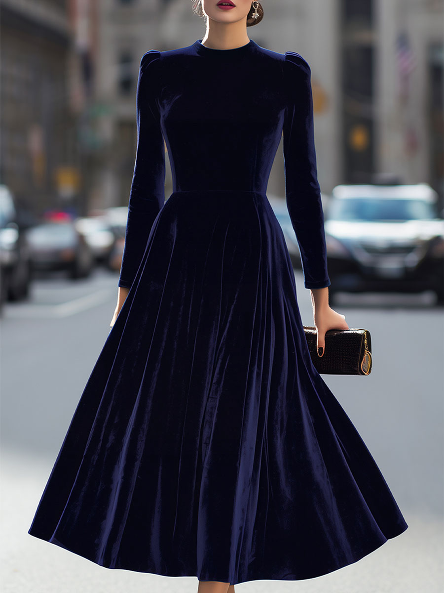 Mira Velvet Midi Dress | Fitted Bodice, Long Sleeves, Evening Formal 0