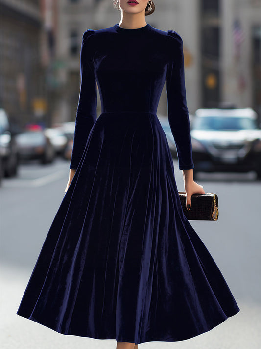 Mira Velvet Midi Dress | Fitted Bodice, Long Sleeves, Evening Formal 0