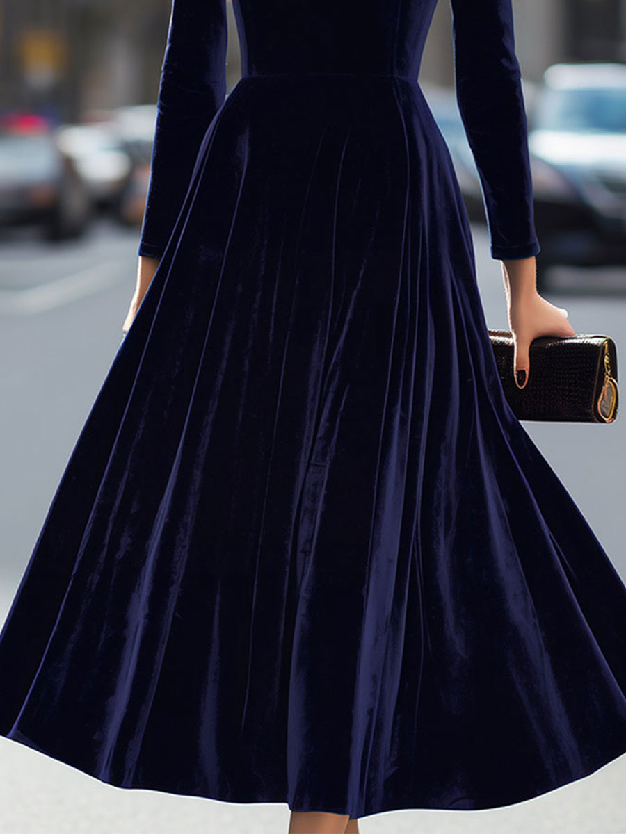 Mira Velvet Midi Dress | Fitted Bodice, Long Sleeves, Evening Formal 2