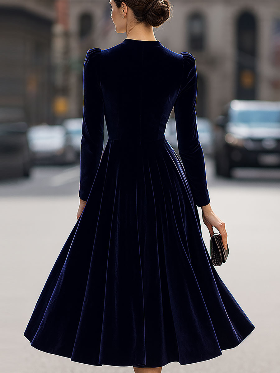 Mira Velvet Midi Dress | Fitted Bodice, Long Sleeves, Evening Formal 3
