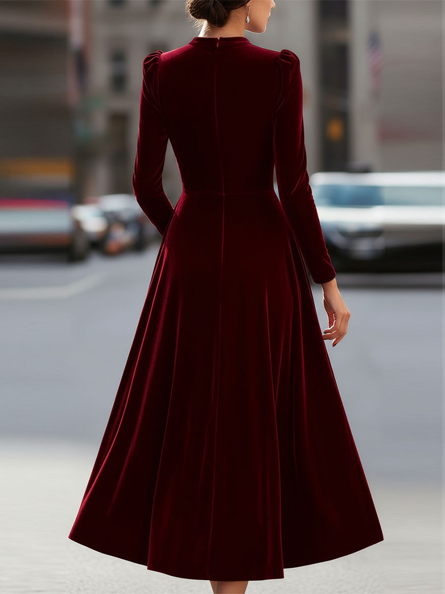 Mira Velvet Midi Dress | Fitted Bodice, Long Sleeves, Evening Formal 5