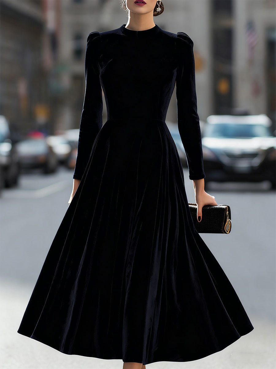 Mira Velvet Midi Dress | Fitted Bodice, Long Sleeves, Evening Formal 6