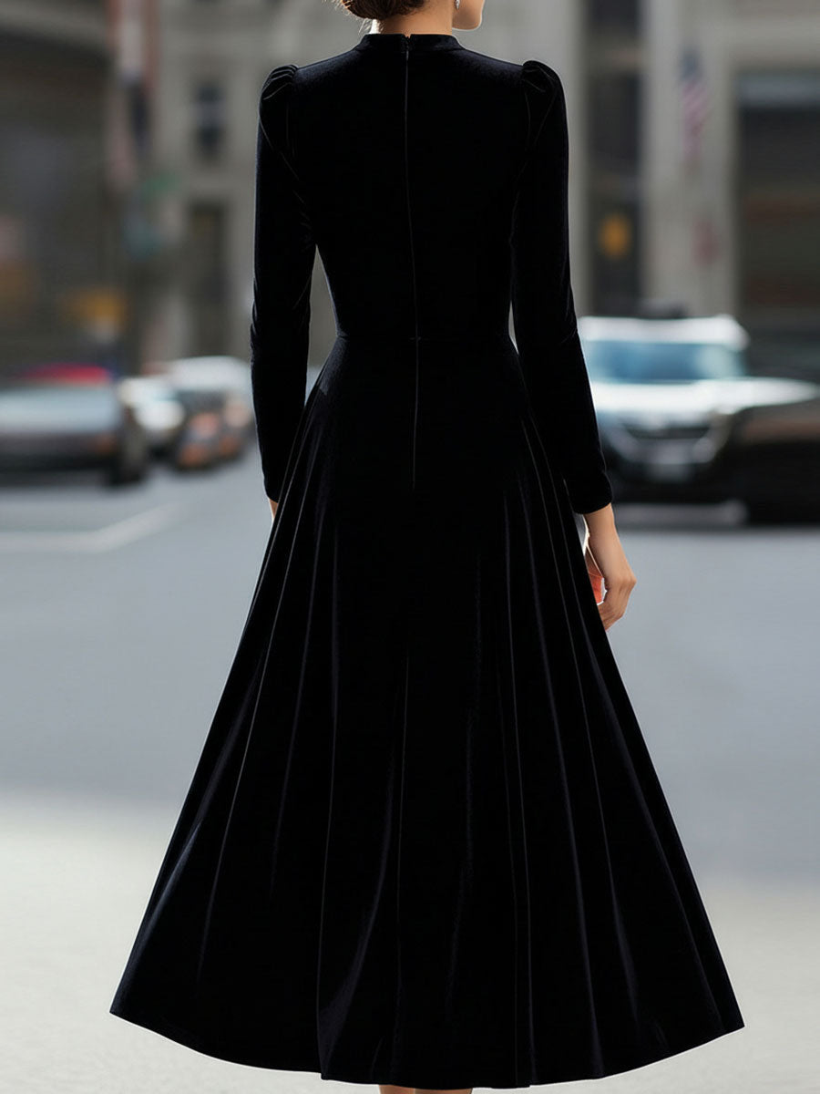 Mira Velvet Midi Dress | Fitted Bodice, Long Sleeves, Evening Formal 7