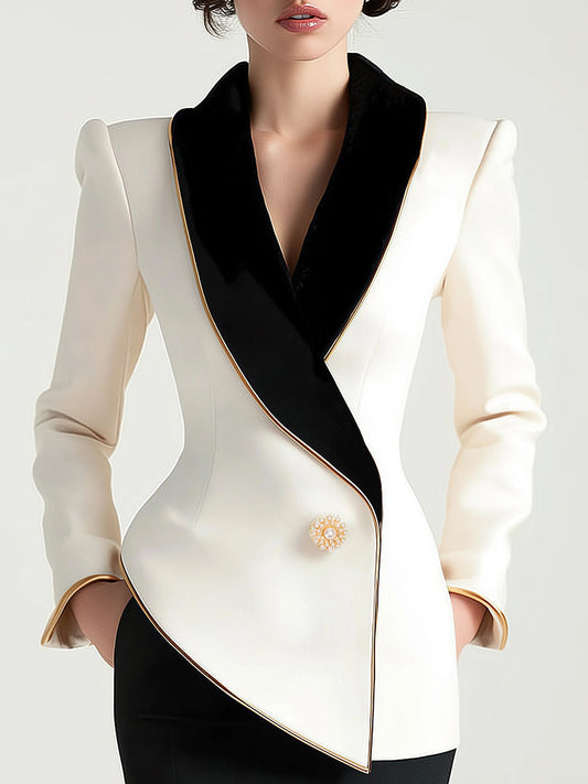 Moya Asymmetrical Blazer | Elegant White with Black Lapels, Gold Button Detail 0
