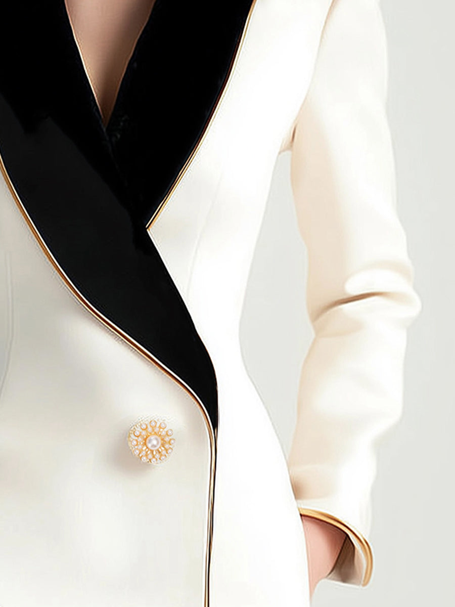 Moya Asymmetrical Blazer | Elegant White with Black Lapels, Gold Button Detail 3