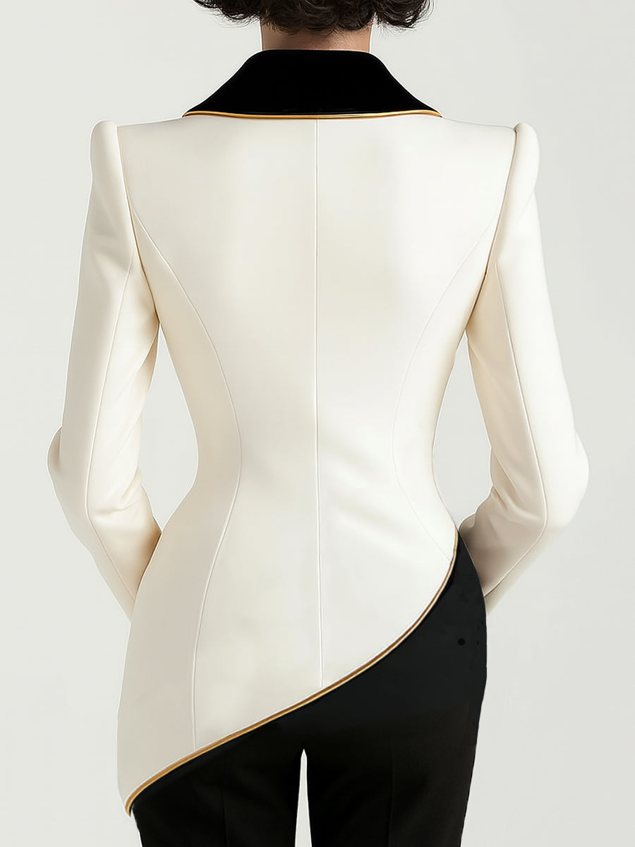 Moya Asymmetrical Blazer | Elegant White with Black Lapels, Gold Button Detail 4