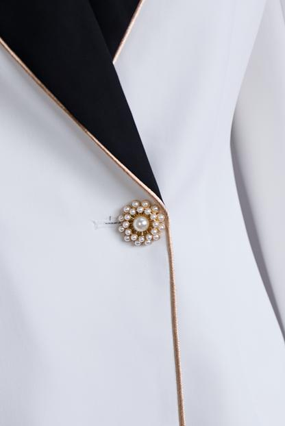 Moya Asymmetrical Blazer | Elegant White with Black Lapels, Gold Button Detail 5