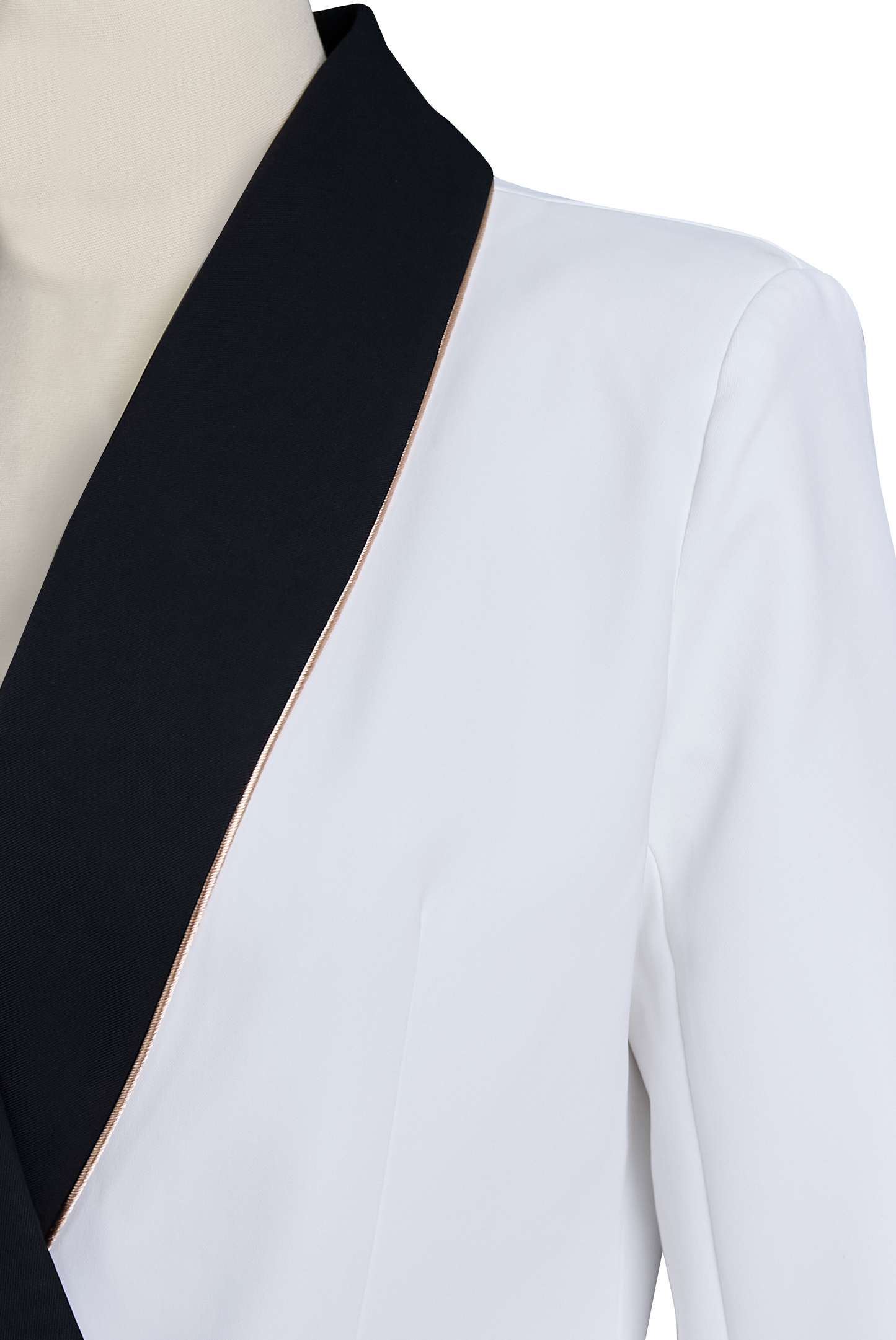 Moya Asymmetrical Blazer | Elegant White with Black Lapels, Gold Button Detail 6