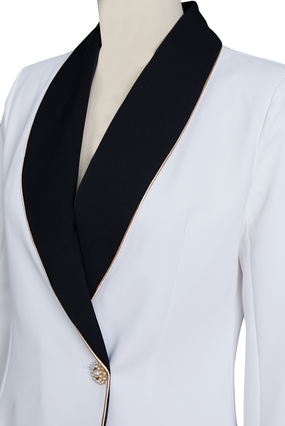Moya Asymmetrical Blazer | Elegant White with Black Lapels, Gold Button Detail 7