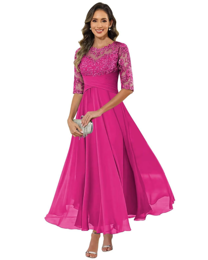 Olivia Evening Gown | Lace & Chiffon, A-Line Cut, Formal Wedding Guest Dress 8