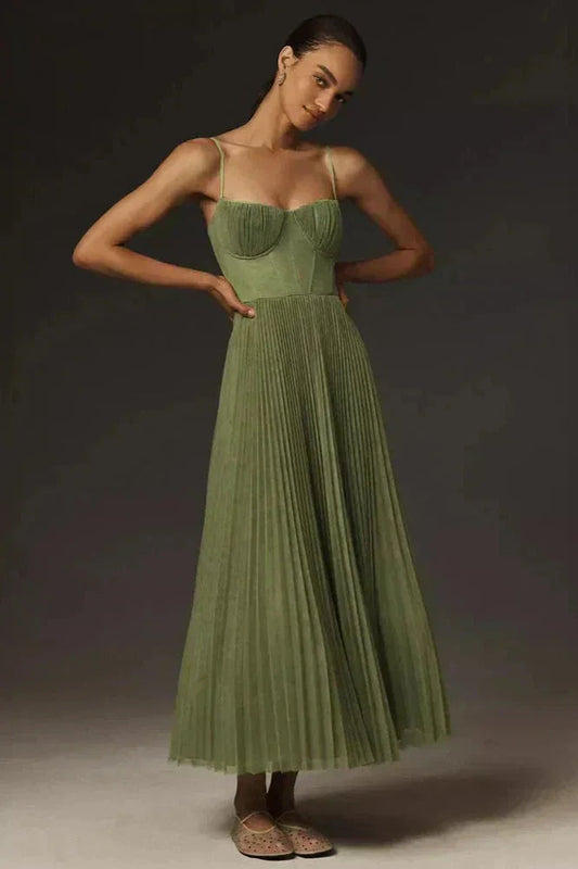 Olivia Green Midi Dress | Pleated, Adjustable Straps for Women 0