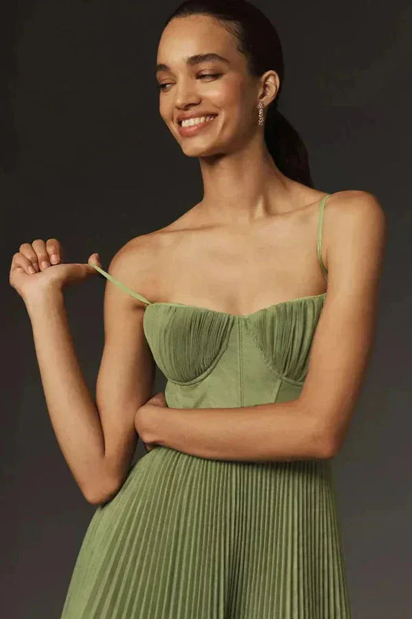 Olivia Green Midi Dress | Pleated, Adjustable Straps for Women 1