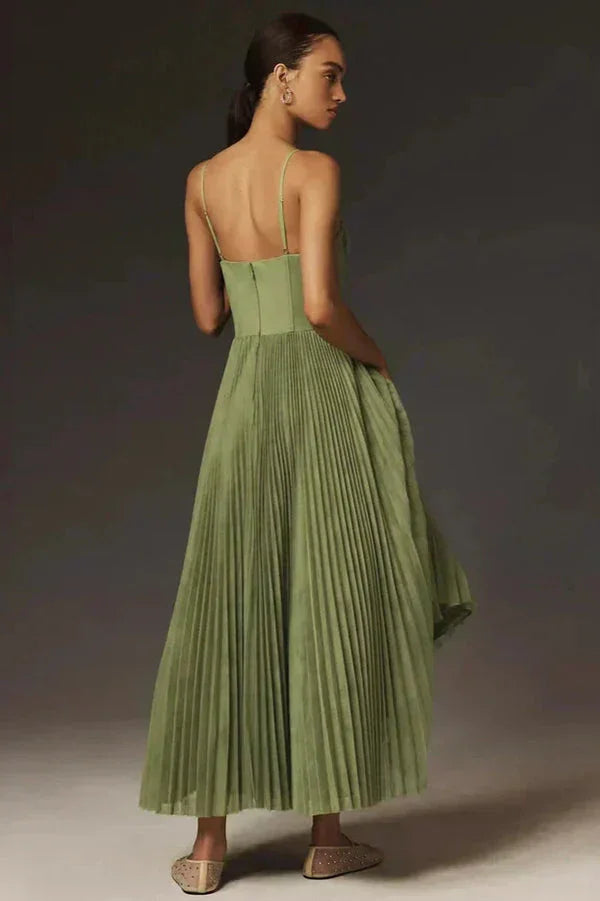 Olivia Green Midi Dress | Pleated, Adjustable Straps for Women 2