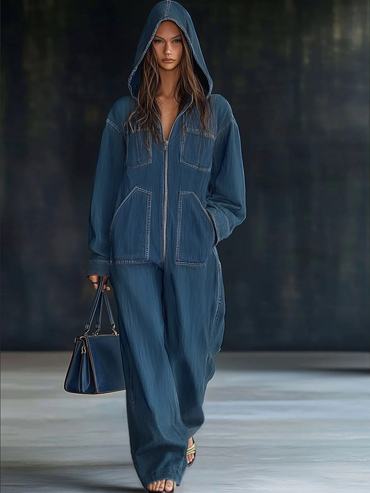 Oryza Denim Jumpsuit | Hooded, Vintage Design 0