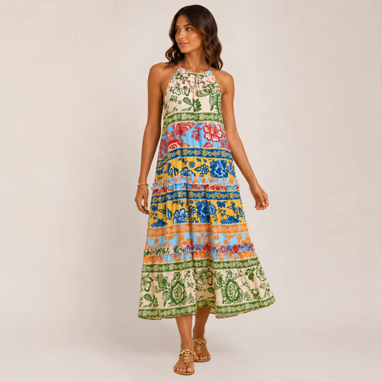 Pavona Maxi Dress | Boho Halter, Tiered Floral Long Dress for Women