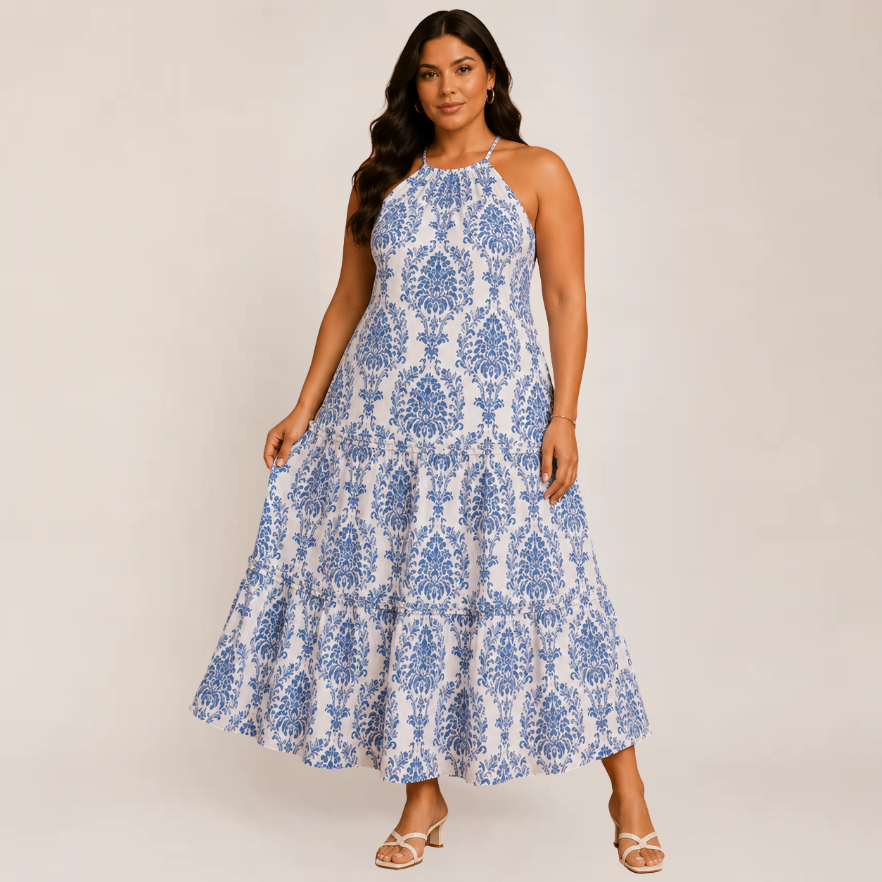 Pavona Maxi Dress | Boho Halter, Tiered Floral Long Dress for Women