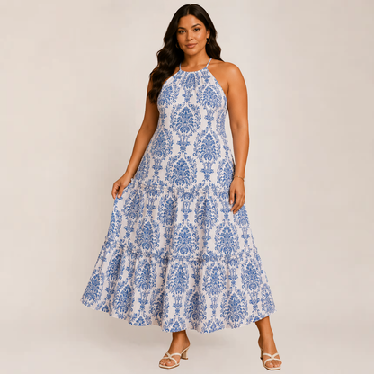 Pavona Maxi Dress | Boho Halter, Tiered Floral Long Dress for Women