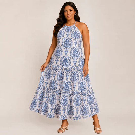 Pavona Maxi Dress | Boho Halter, Tiered Floral Long Dress for Women