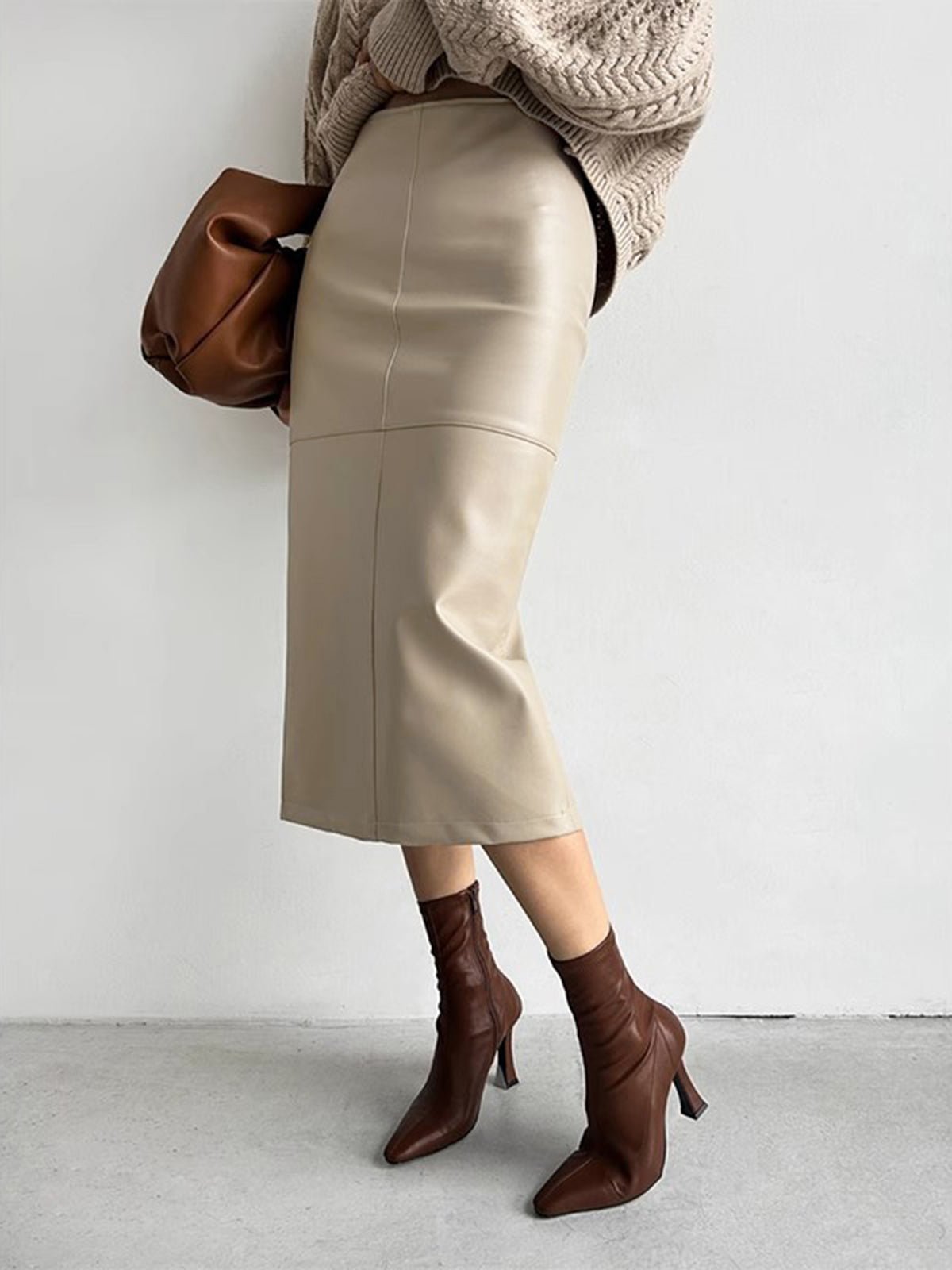 Pura Faux Leather Midi Skirt | High-Waist, Piped Hem, Elegant Slit 0